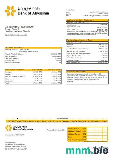 Etiopia Bank of Abyssinia wyciąg z kredytu hipotecznego szablon Word i PDF